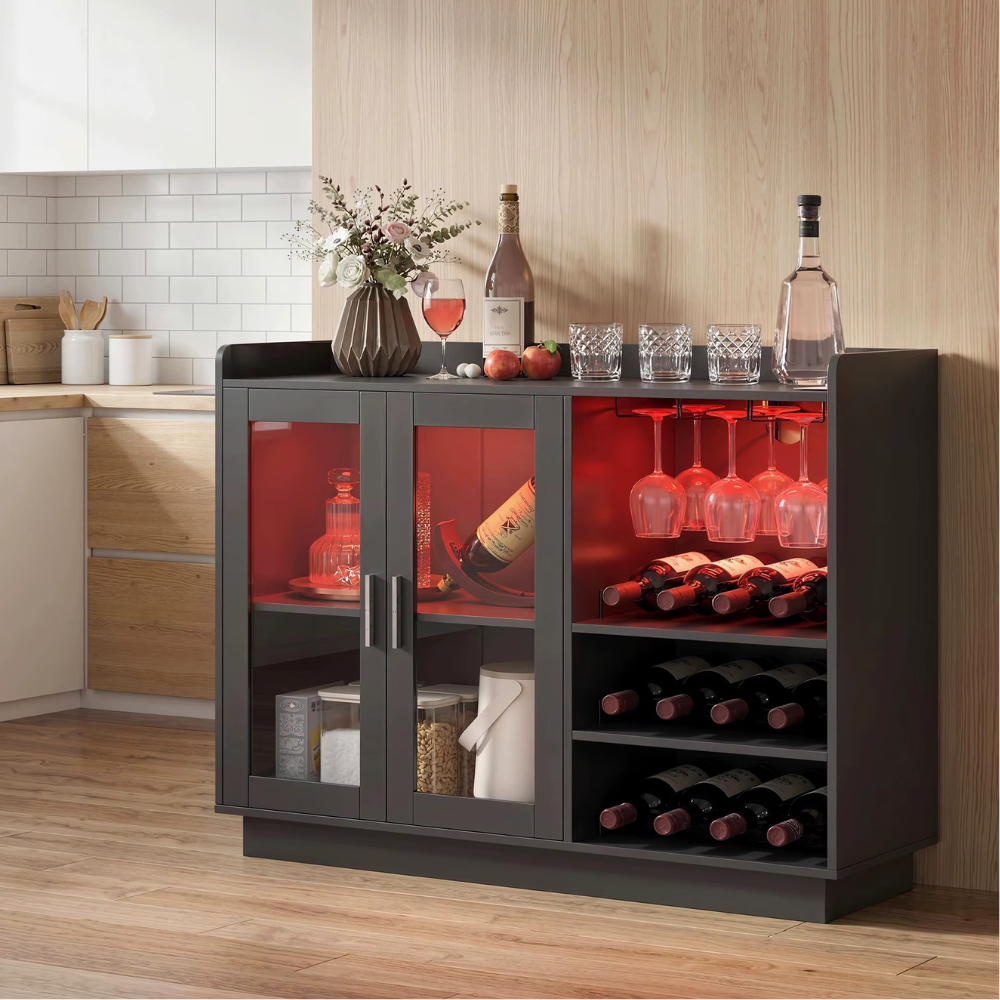 L'Atelier — Meuble bar noir avec rangement 12 bouteilles et éclairage intégré