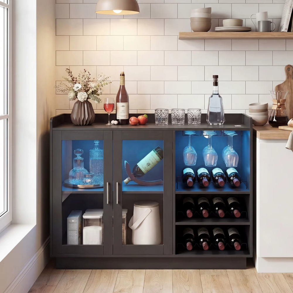 L'Atelier — Meuble bar noir avec rangement 12 bouteilles et éclairage intégré