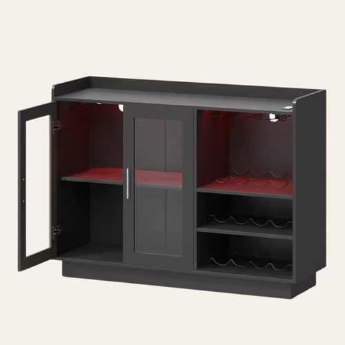 L'Atelier — Meuble bar noir avec rangement 12 bouteilles et éclairage intégré