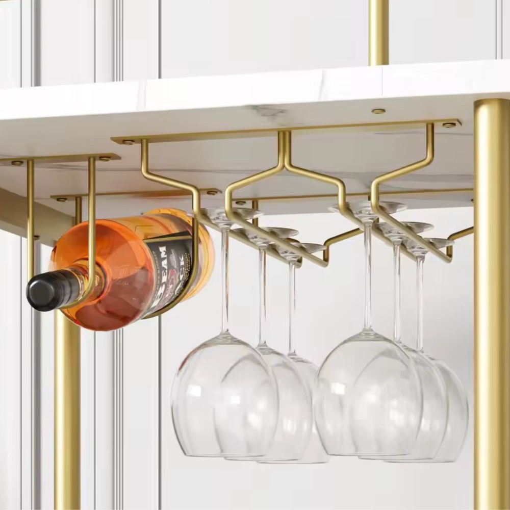 Le Chariot — Desserte bar dorée à 3 niveaux avec porte-verres