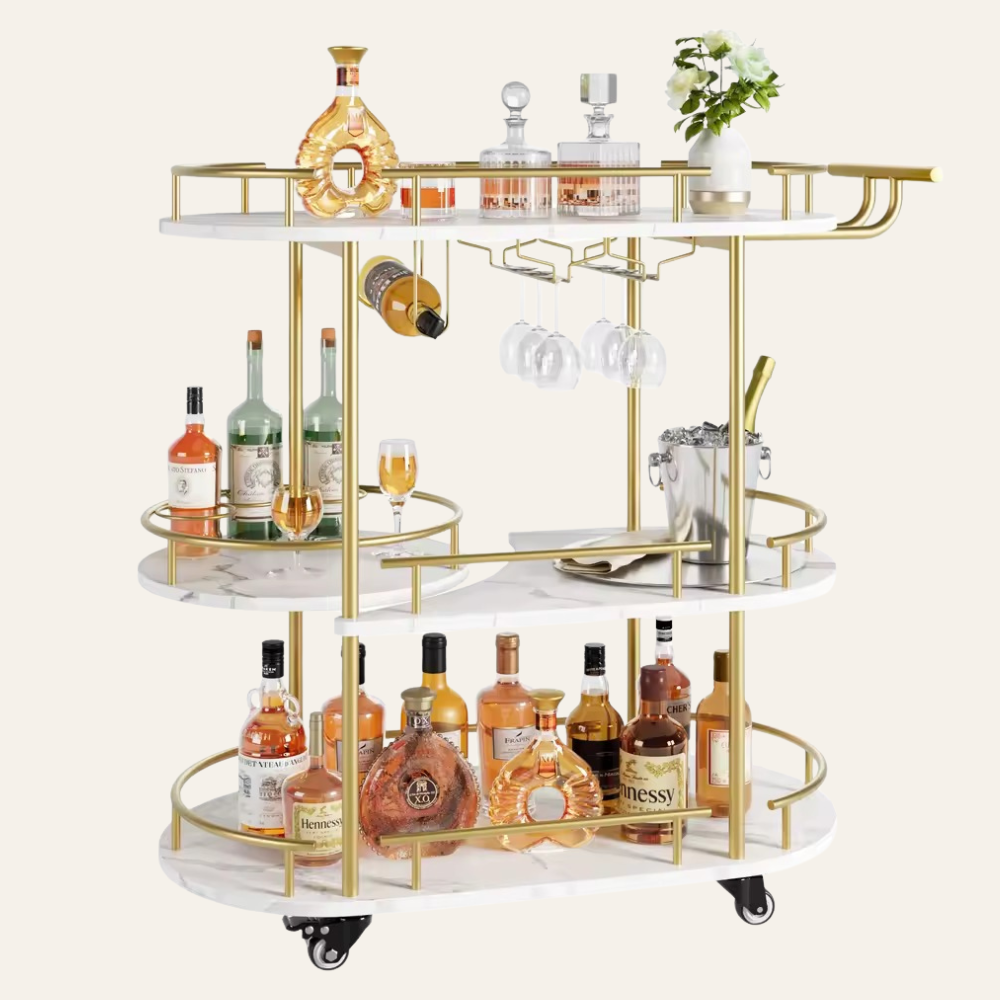 Le Chariot — Desserte bar dorée à 3 niveaux avec porte-verres